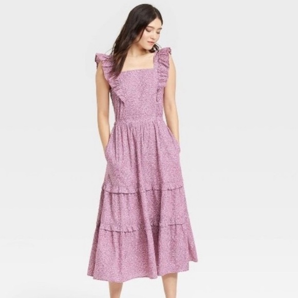 NWT Purple Floral Cottagecore Cut Out Back Midi Dress - Picture 3 of 17